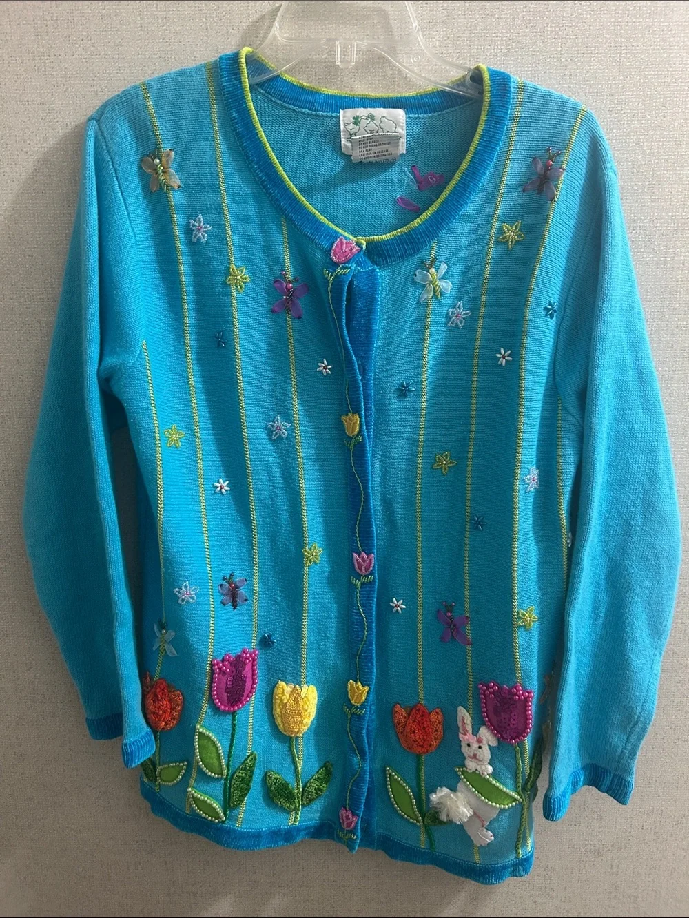 Bright Turquoise Floral Embroidered Cardigan Sweater
